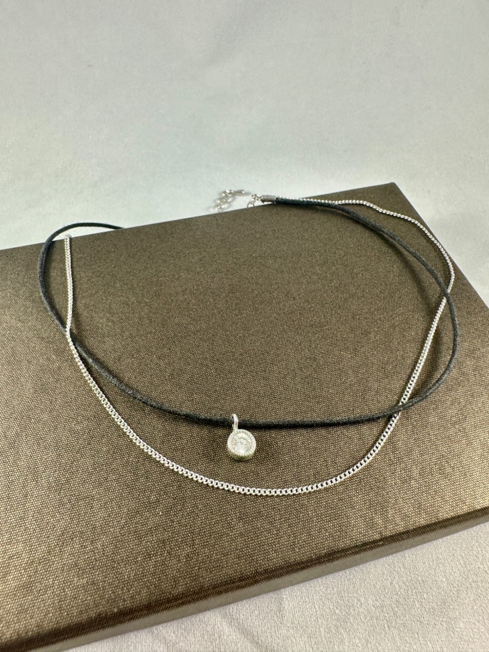 Silver Tone Layered Black Cord Crystal Choker Pendant Necklace